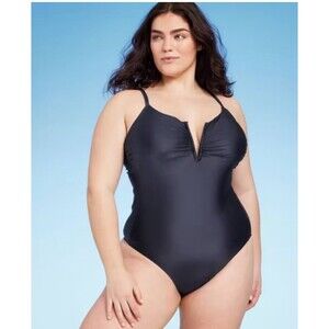 NWT Shade & Shore Shirred V-Wire Plunge One Piece Swimsuit Dark Gray Shine